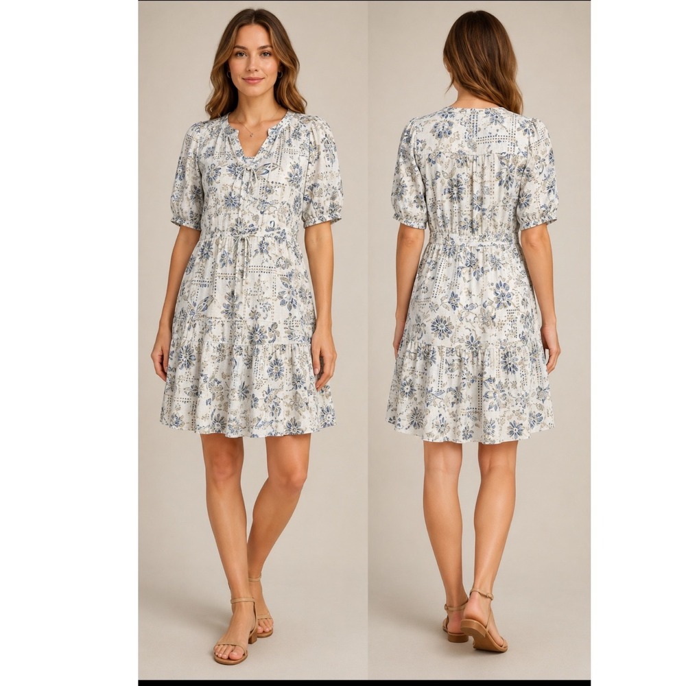 Sonoma Boho Floral Tiered Dress S Tassel Tie Neck Cream Blue‎ Tan Cottagecore